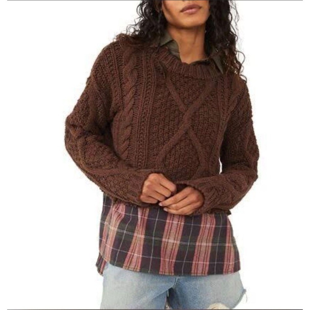 Free People Cutting Edge Brown Chunky Cable Knit Cropped Boho Earthy Sweater XL